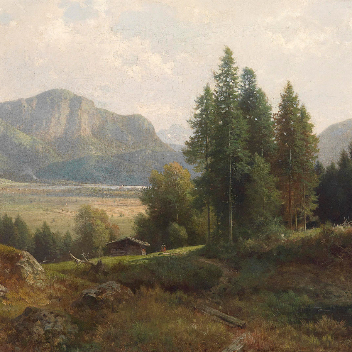 Landscape Oil Painting - Alpine Valley, Cabin, Forest & Distant Town