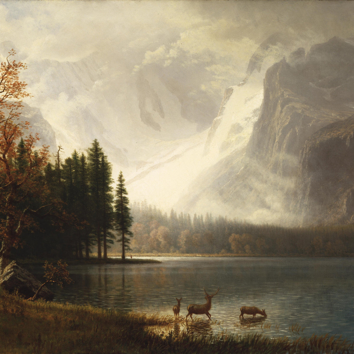 Landscape Oil Painting - Mountain Lake, Deer Herd & Autumn Trees