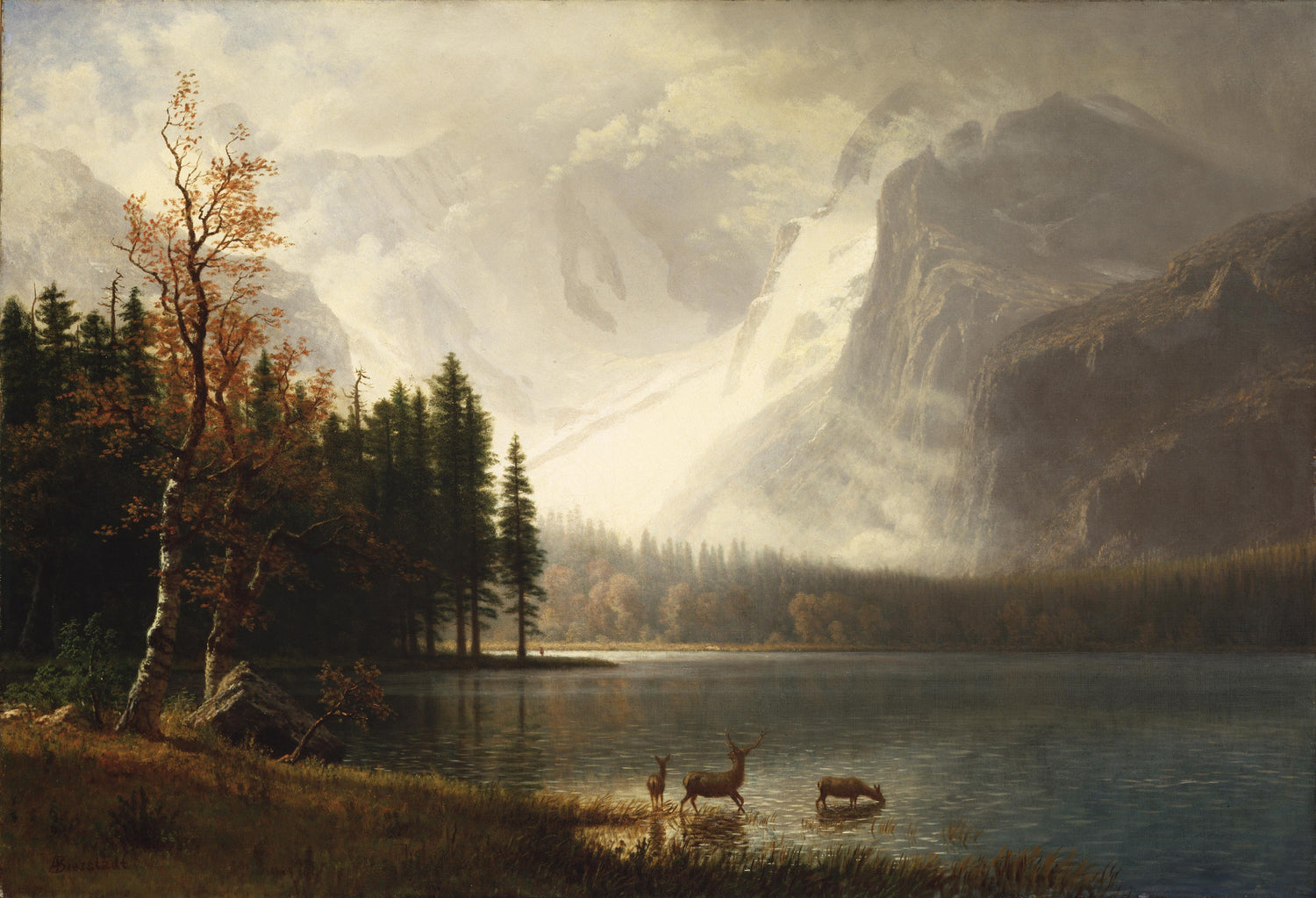 Landscape Oil Painting - Mountain Lake, Deer Herd & Autumn Trees