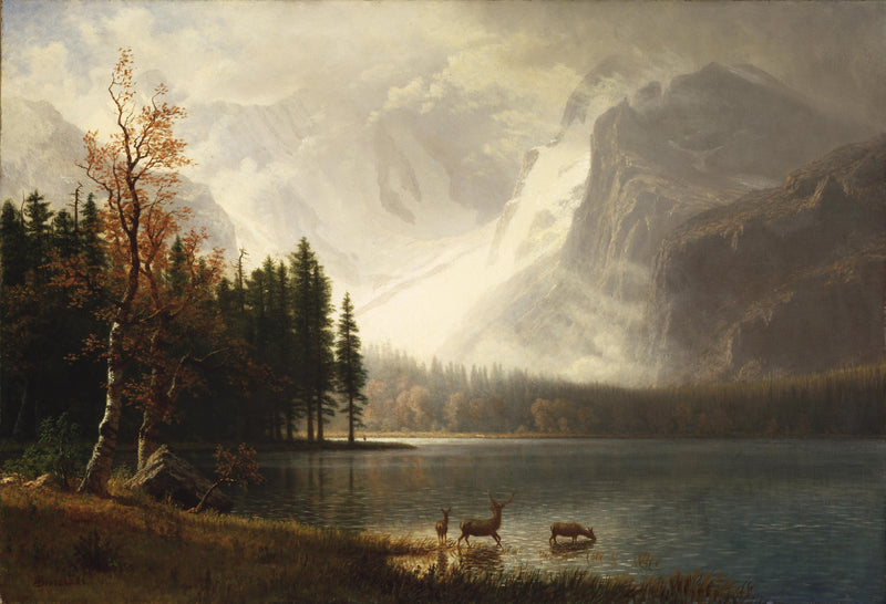 Landscape Oil Painting - Mountain Lake, Deer Herd & Autumn Trees