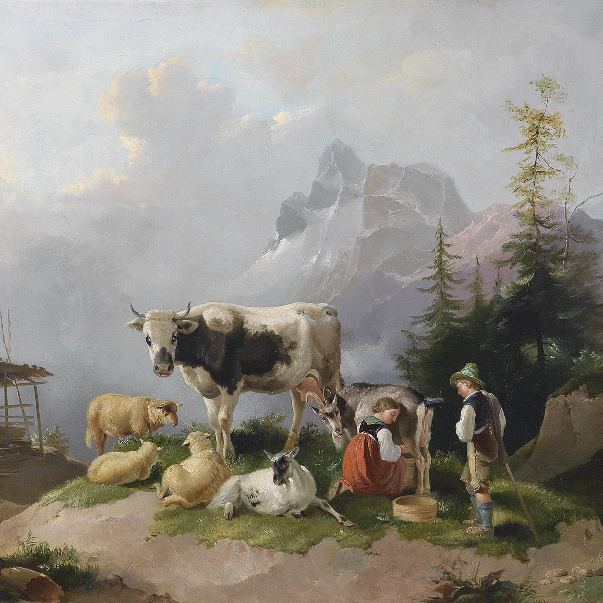 Landscape Oil Painting - Alpine Pastoral, Livestock, Girl & Snow Peaks