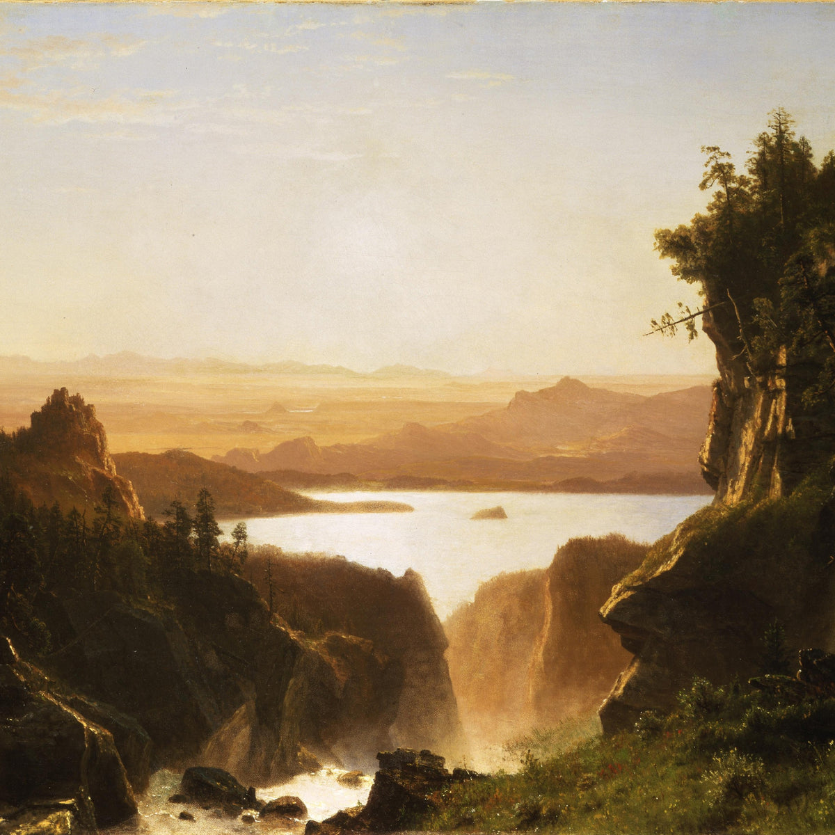 Hand-painted golden canyon lake waterfall view landscape oil painting on canvas