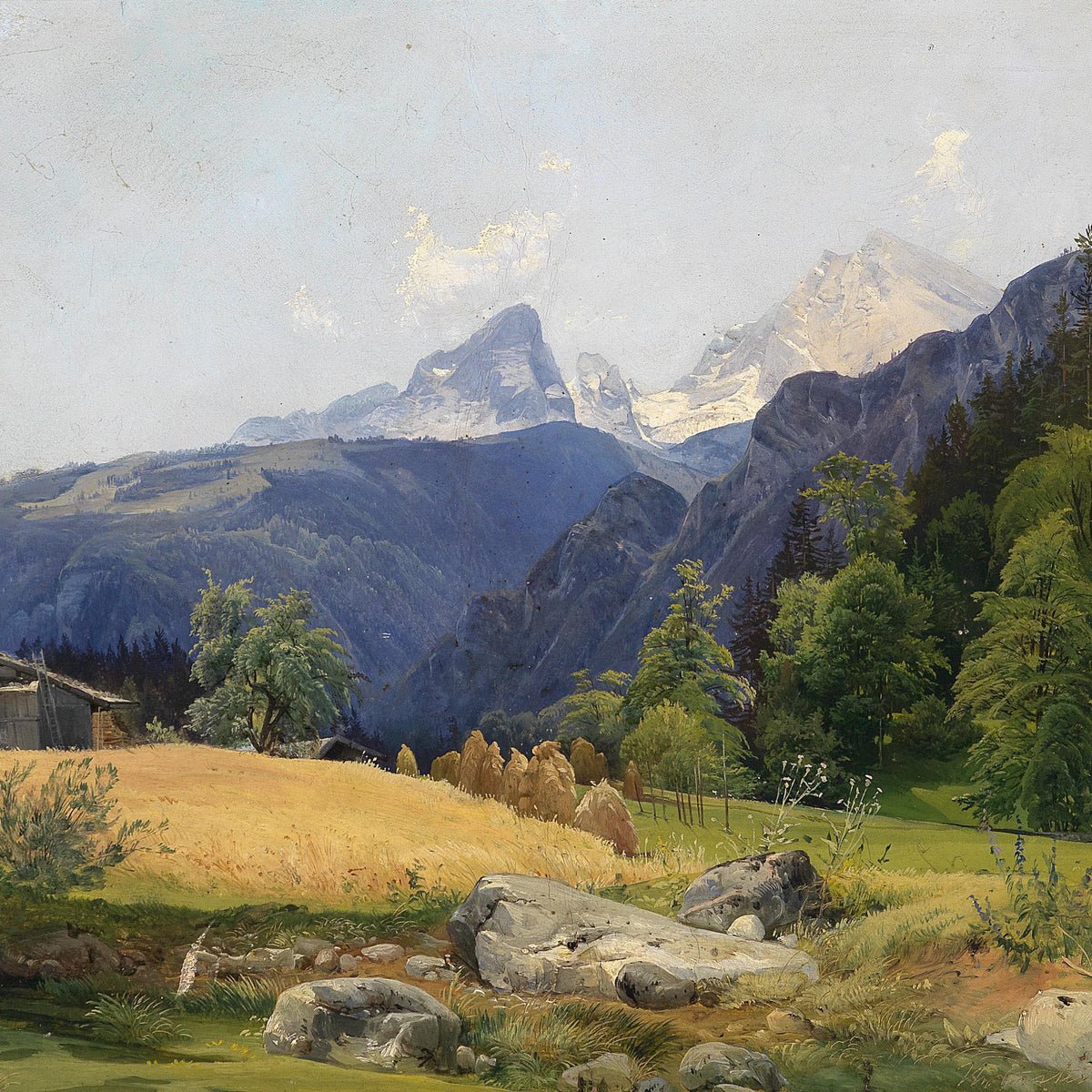 Landscape Oil Painting - Alpine Valley Farm,Haystacks & Snow Peaks