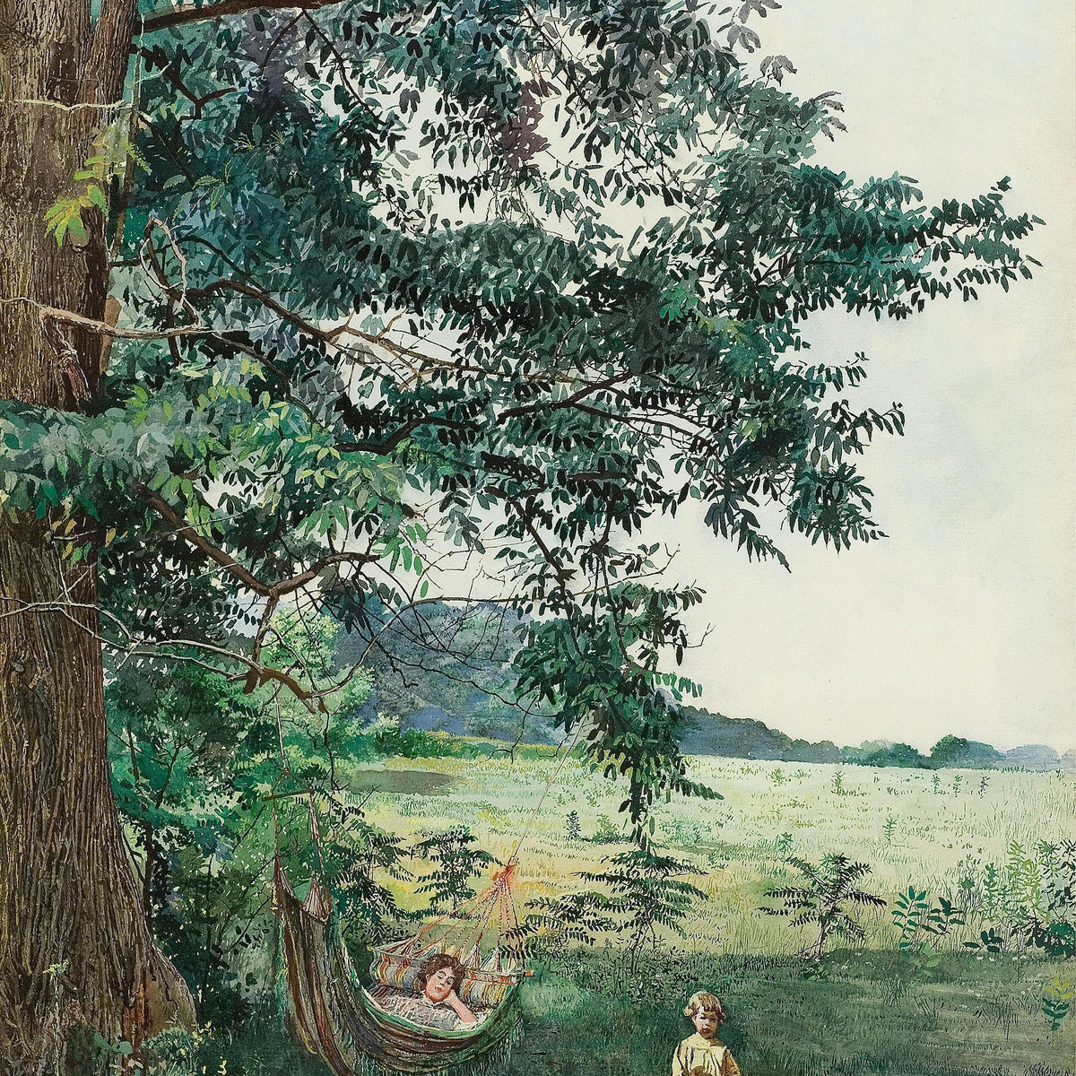 Landscape Oil Painting - Rural Meadow Hammock, Resting Figure & Child