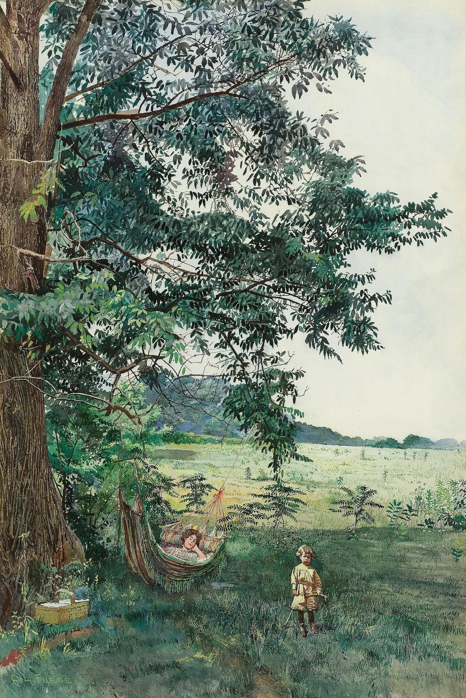 Landscape Oil Painting - Rural Meadow Hammock, Resting Figure & Child