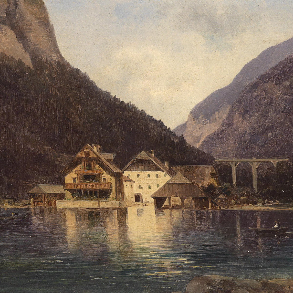 Landscape Oil Painting - Alpine Lake Village,Rustic Buildings, Bridge