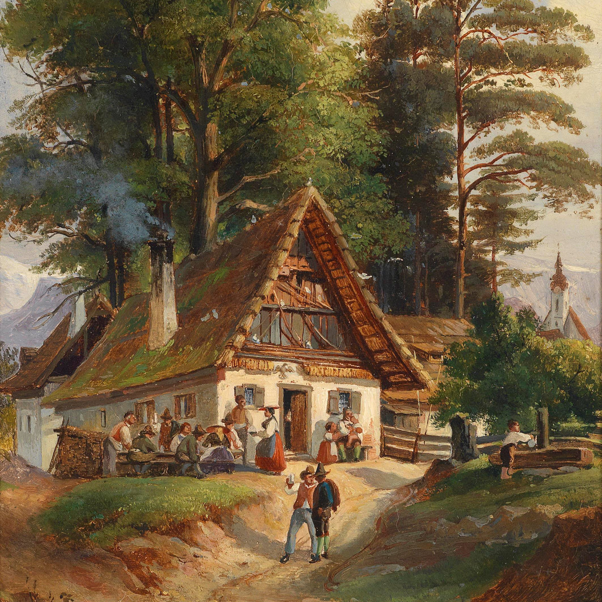 Landscape Oil Painting - Alpine Cottage Gathering, Crowd, Church Spire