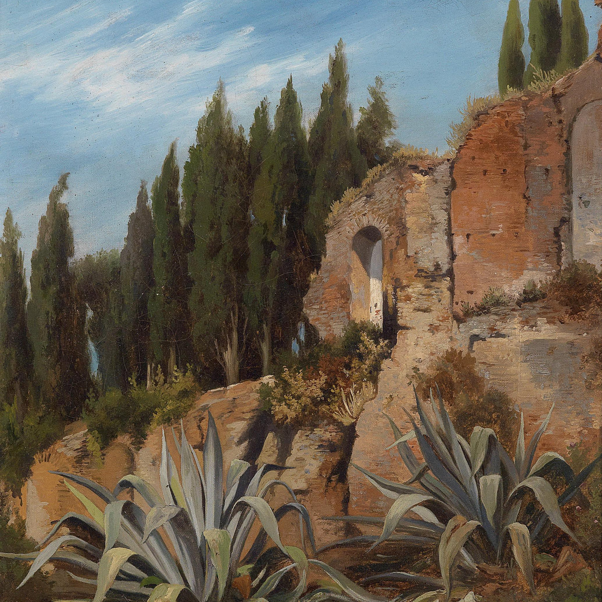 Landscape Oil Painting - Roman Ruins, Cypress Trees & Succulents