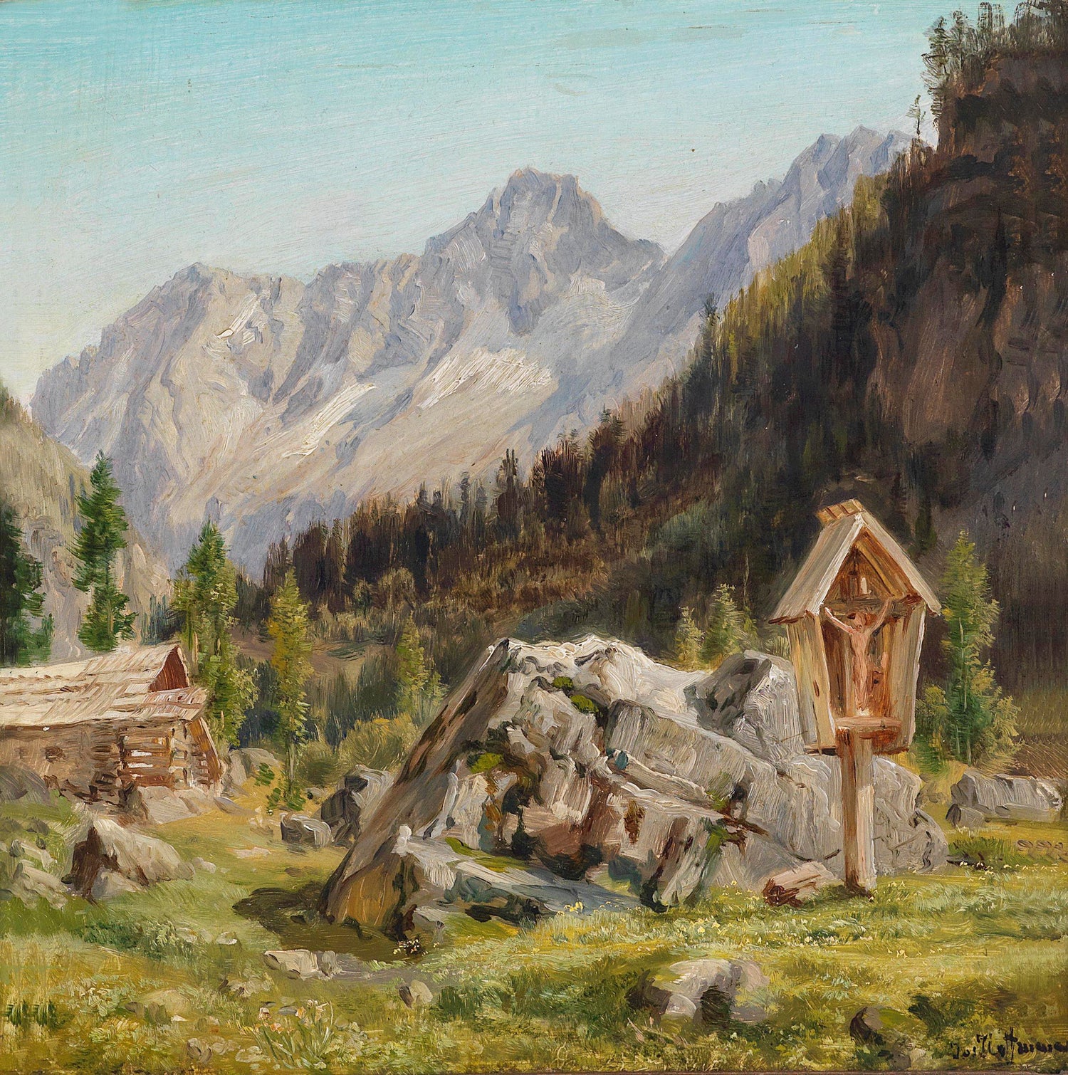 Landscape Oil Painting - Alpine Mountain, Wooden Shrine & Rocky Meadow