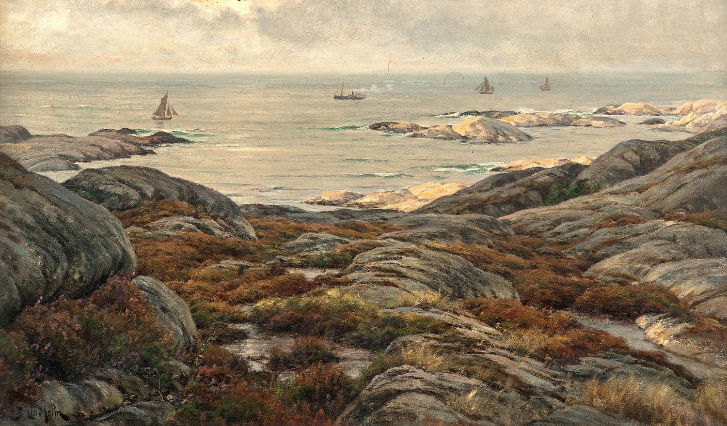 Landscape Oil Painting - Rocky Coastal Seascape, Ships & Rugged Terrain