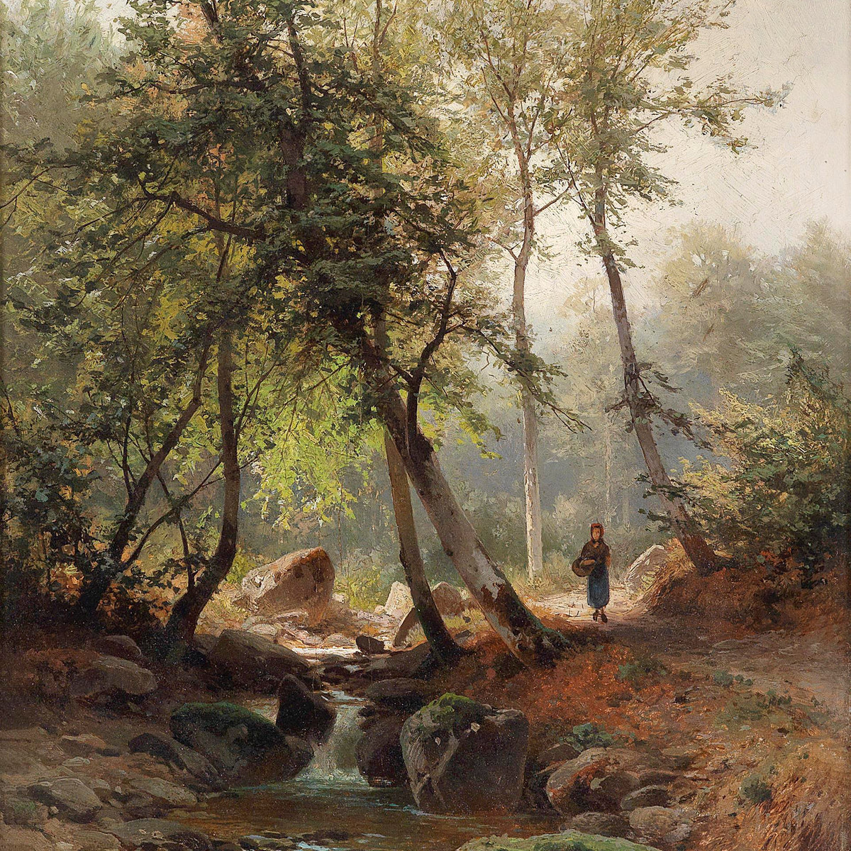 Landscape Oil Painting - Woodland Stream, Figure, Trees & Mossy Rocks