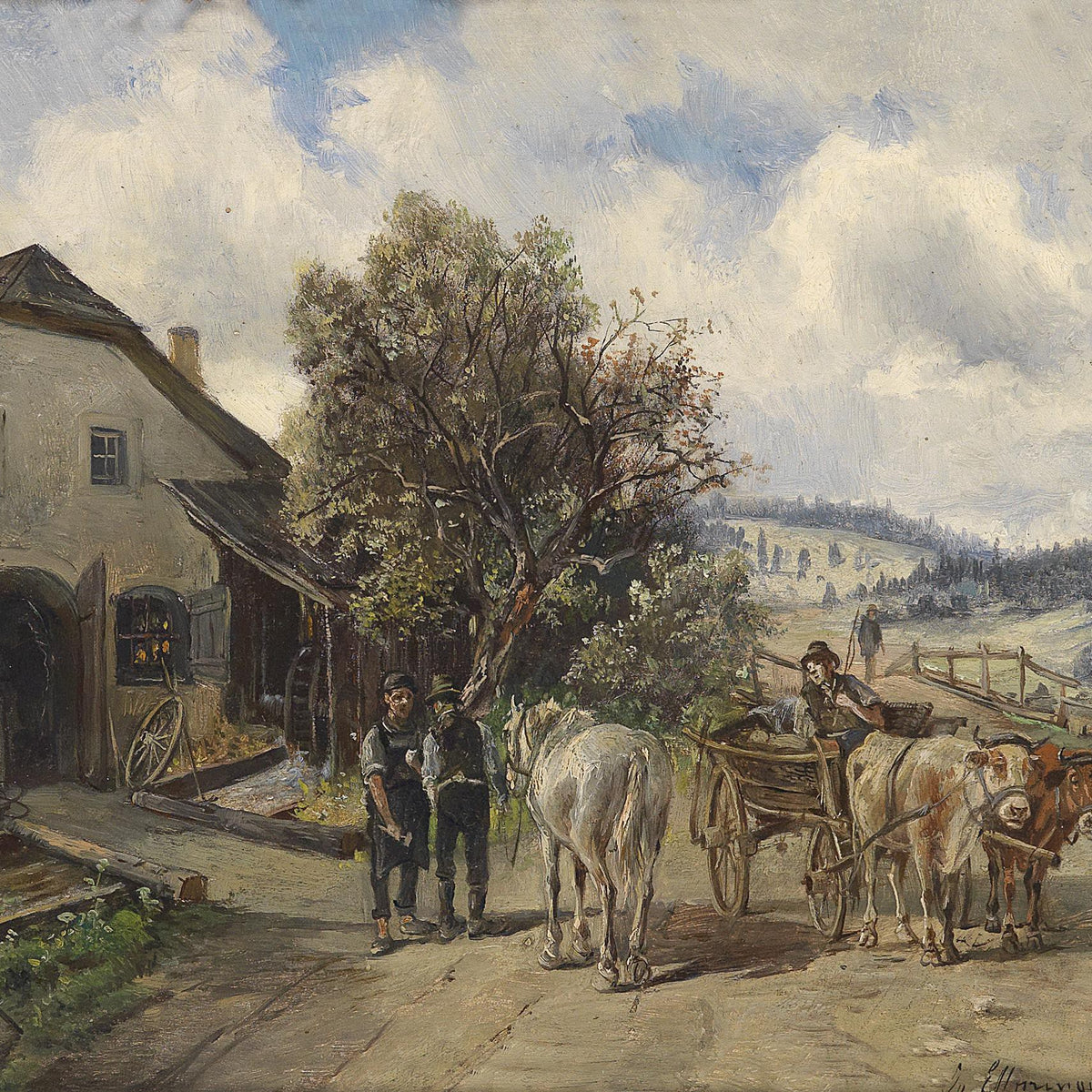 Landscape Oil Painting - Rural Cottage, Ox-Drawn Cart, Figures & Hills