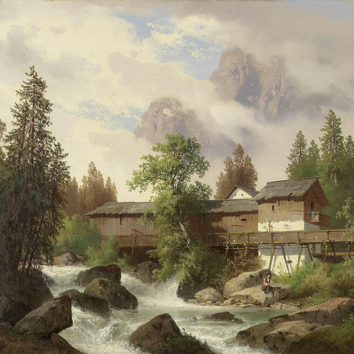 Landscape Oil Painting - Alpine Watermill, Stream & Misty Mountain Peaks