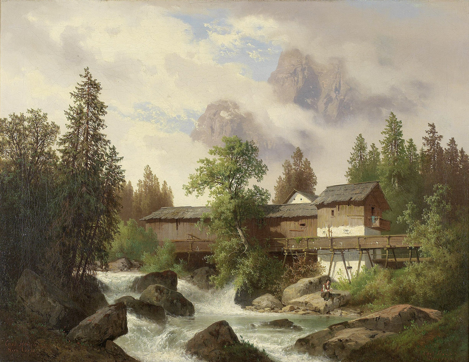 Landscape Oil Painting - Alpine Watermill, Stream & Misty Mountain Peaks