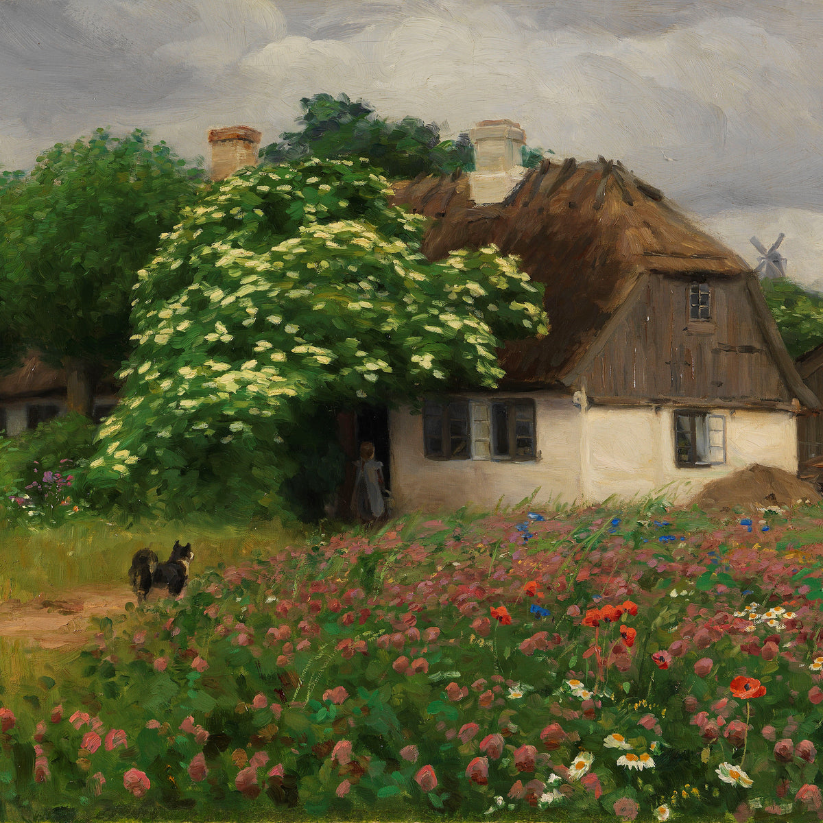 Landscape Oil Painting - Rural Thatch Cottage Flower Garden, Blossoms