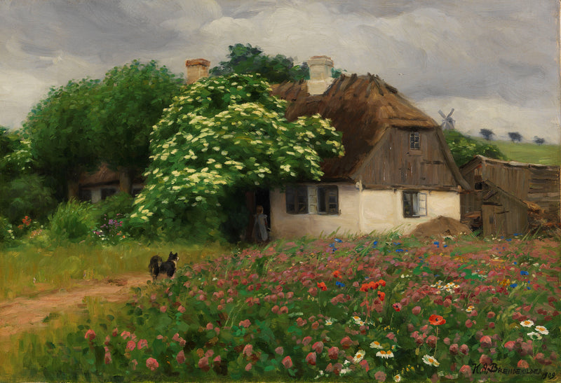 Landscape Oil Painting - Rural Thatch Cottage Flower Garden, Blossoms