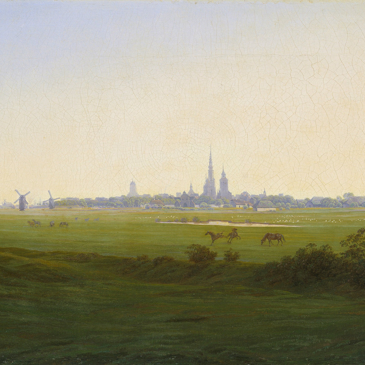 Landscape Oil Painting - Dutch Town, Windmills, Horses & Church Spires