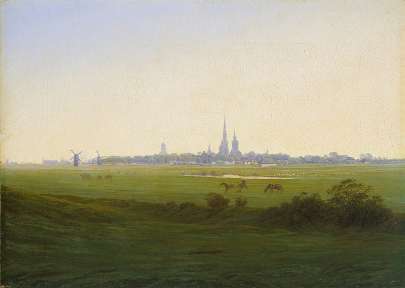 Landscape Oil Painting - Dutch Town, Windmills, Horses & Church Spires