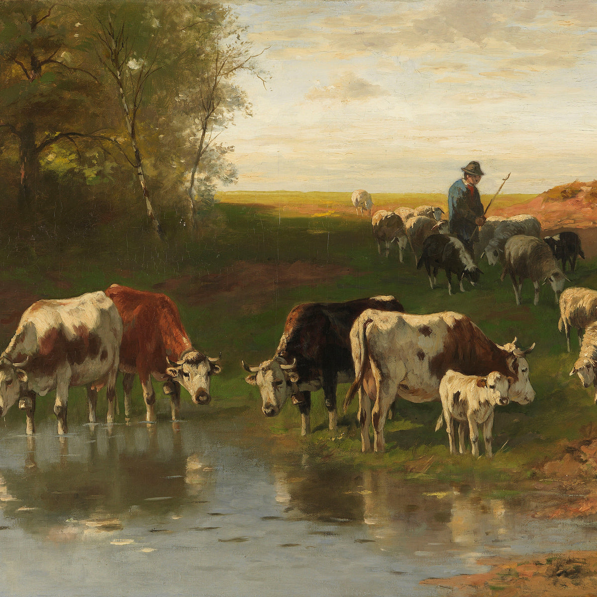 Landscape Oil Painting - Rural Stream Pasture, Cattle, Sheep & Shepherd