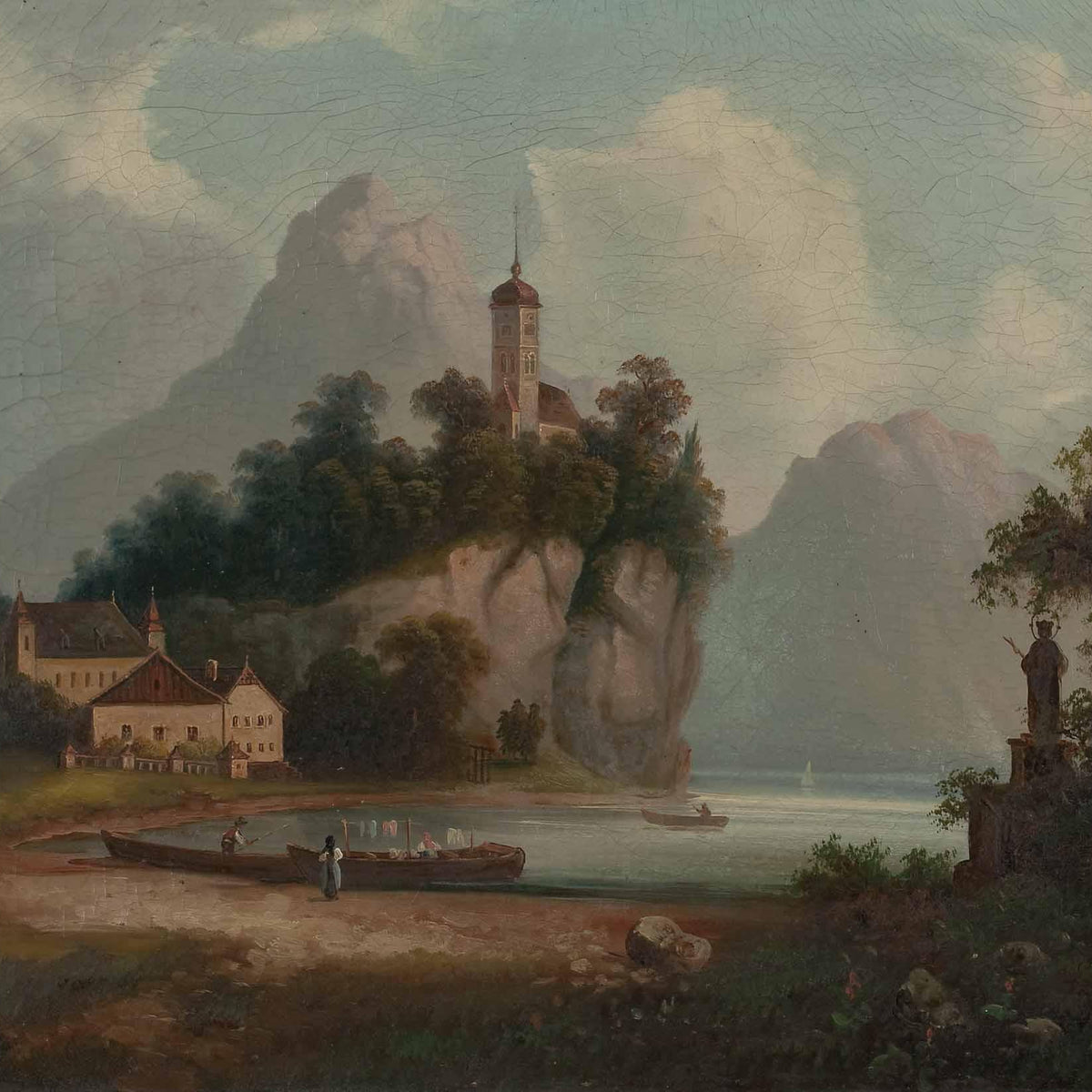 Landscape Oil Painting - Lakeside Rock Hill Church, Boats, Figures