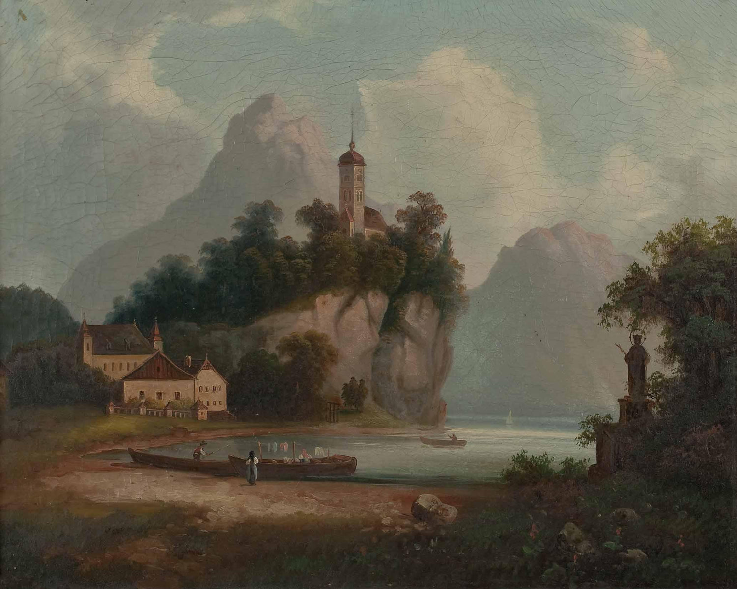 Landscape Oil Painting - Lakeside Rock Hill Church, Boats, Figures