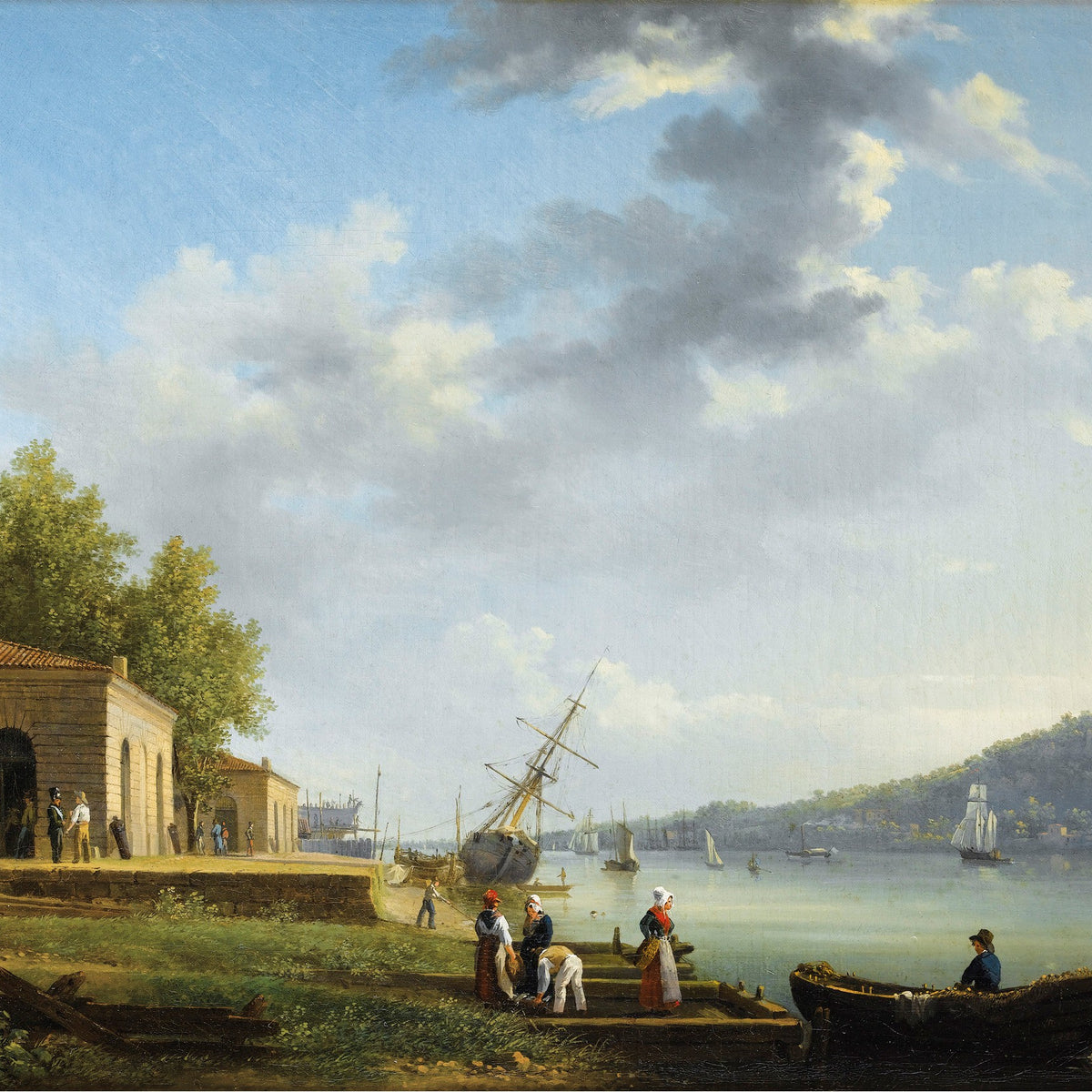 Landscape Oil Painting - Riverside Port, Sailing Ships, Shore Figures