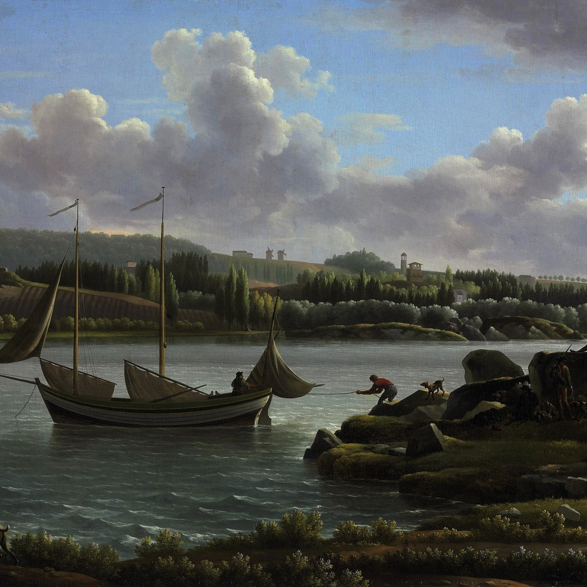 Landscape Oil Painting - Riverside Sailboat, Figures, Dogs & Distant Hills