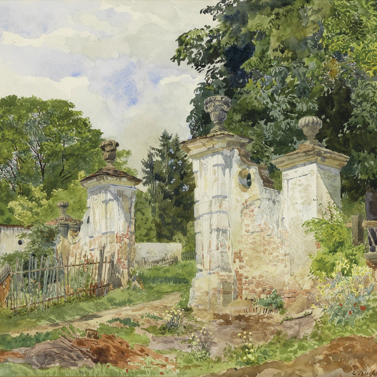 Landscape Oil Painting -Rural Entrance Weathered Ornamental Gateposts, Greenery