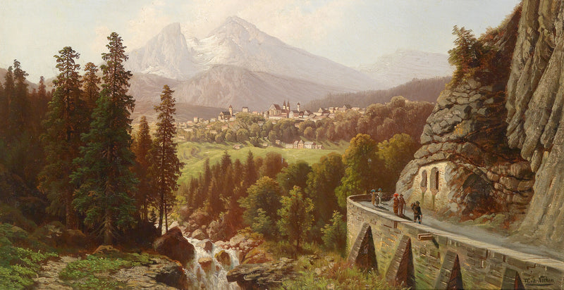 Landscape Oil Painting - Alpine Valley Town, Stone Bridge, Pedestrian