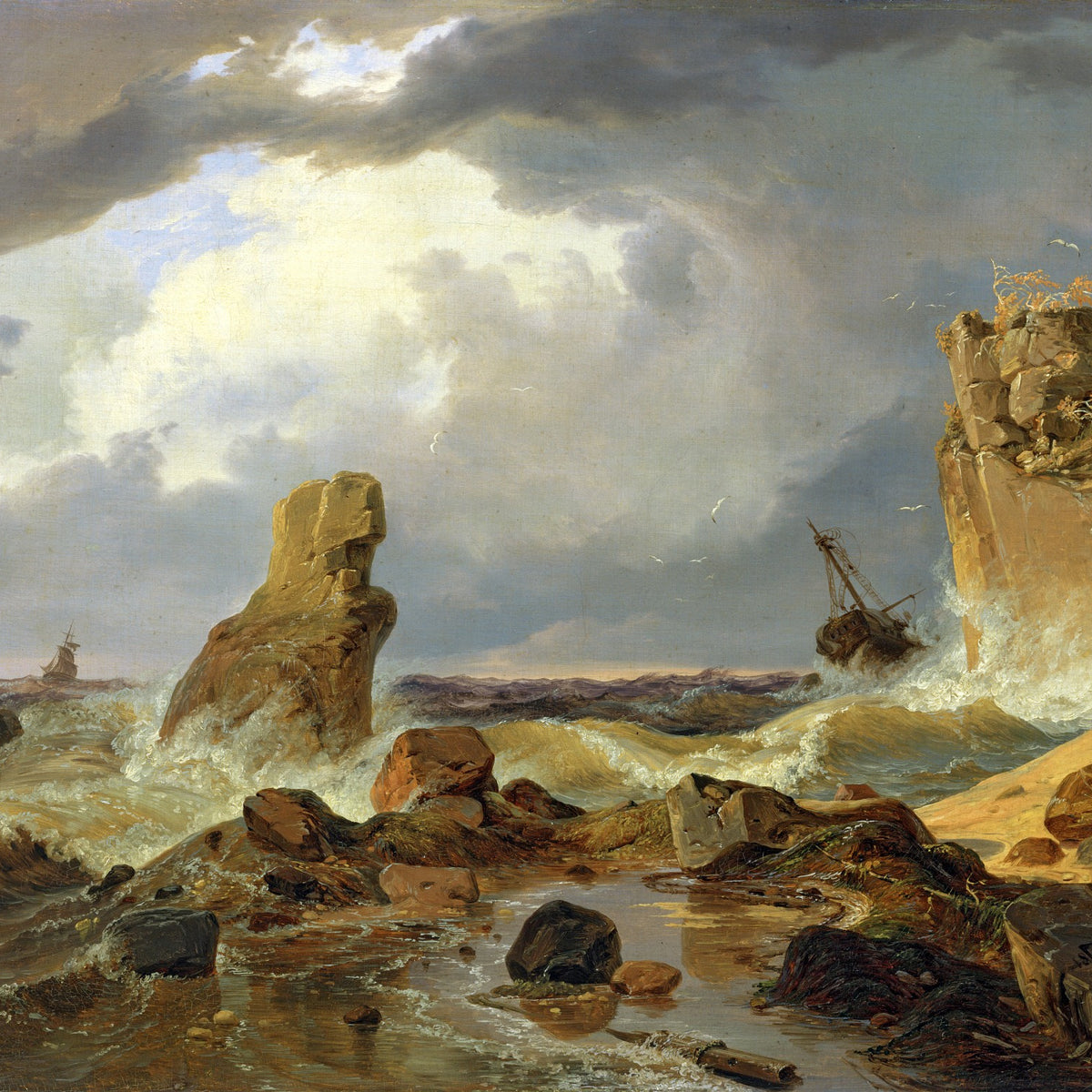 Landscape Oil Painting - Stormy Coastal Seascape, Shipwreck, Waves