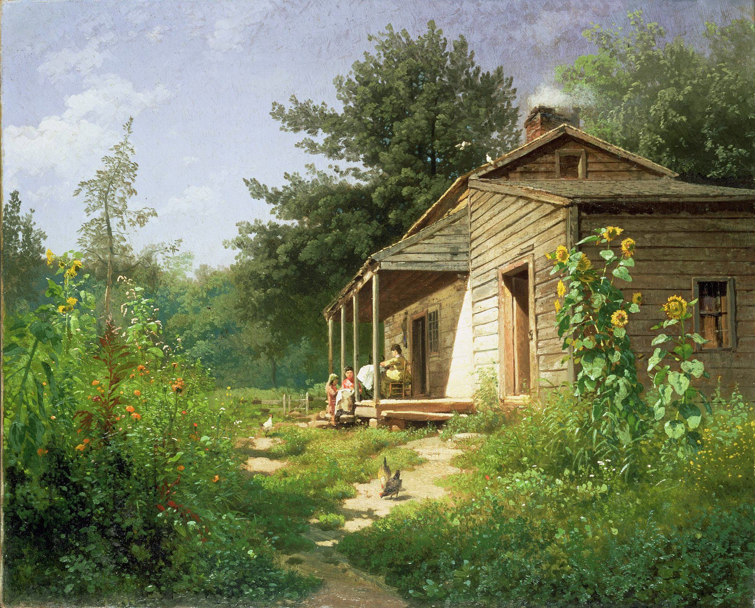 Landscape Oil Painting -Rural Wooden Cottage Porch, Sunflowers, Figures & Poultry