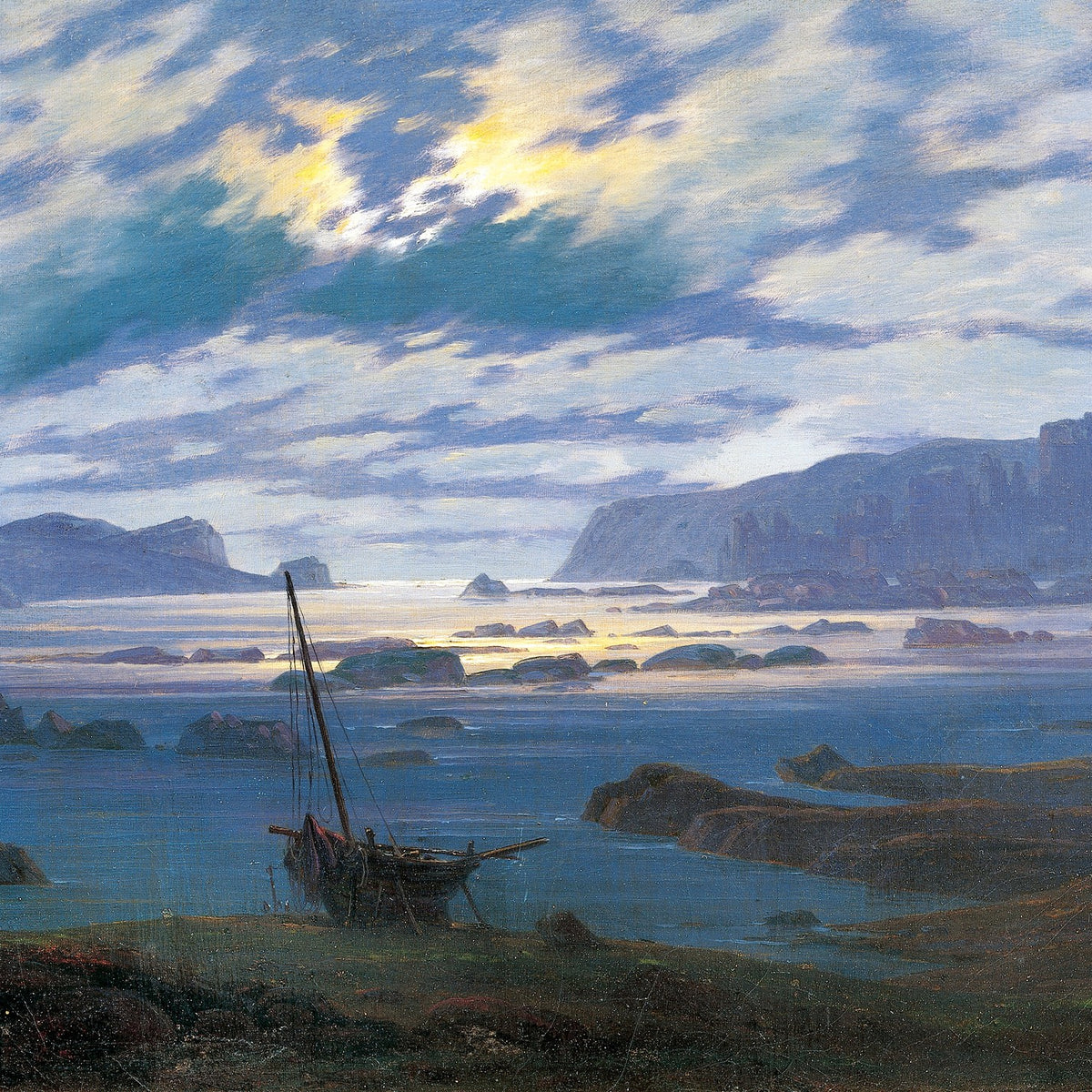 Landscape Oil Painting - Coastal Seascape with Boat & Dramatic Clouds