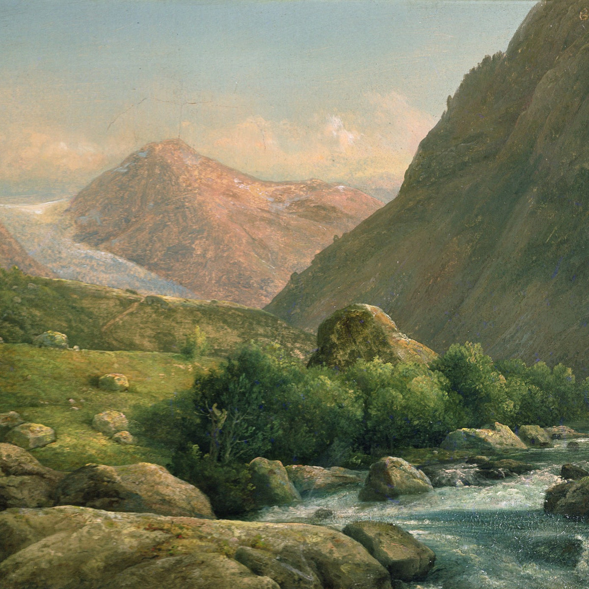 Landscape Oil Painting - Mountain Valley Stream, Rocks, Greenery & Peaks