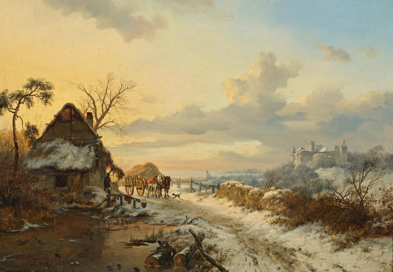 Landscape Oil Painting - Winter Rural Scene, Cottage, Horse-Drawn Cart & Castle