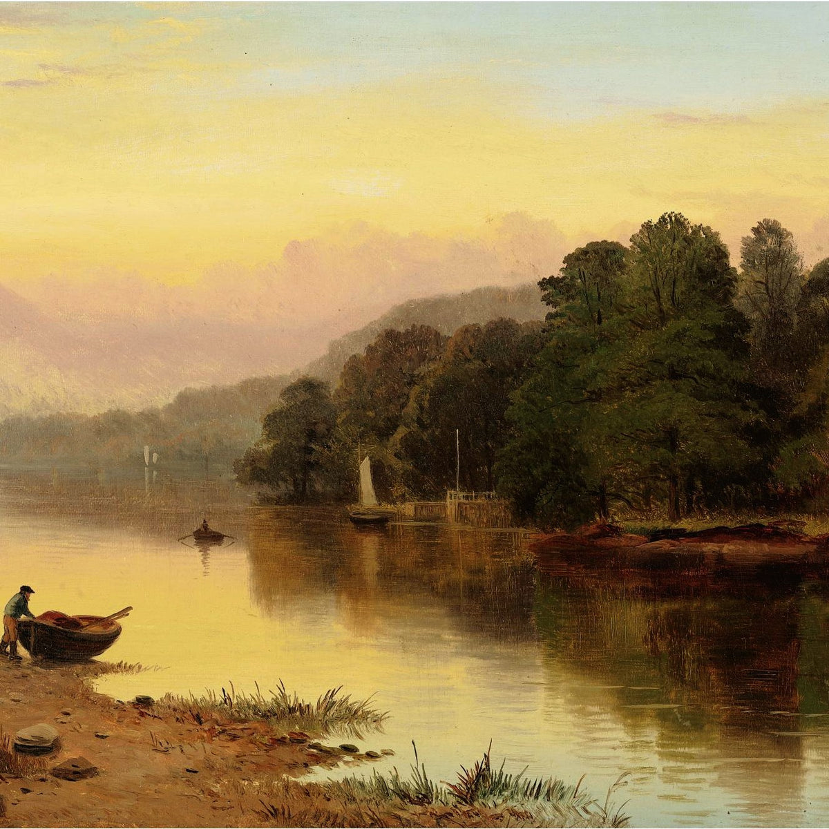 Landscape Oil Painting - Lakeside Sunset, Boat, Figure & Woodland Hills
