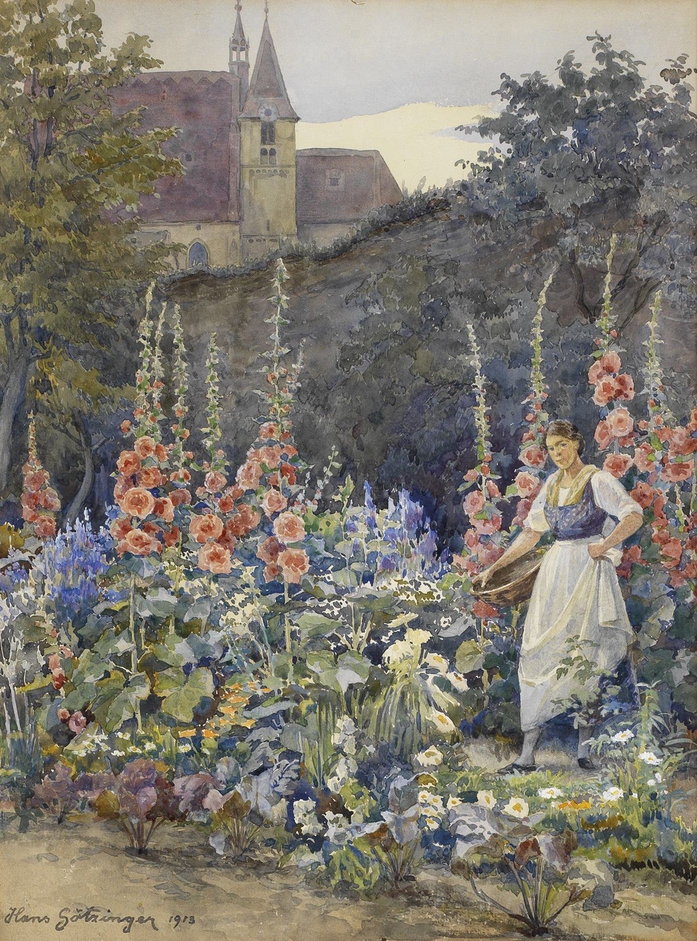 Landscape Oil Painting - Garden, Hollyhocks, Woman & Background Church