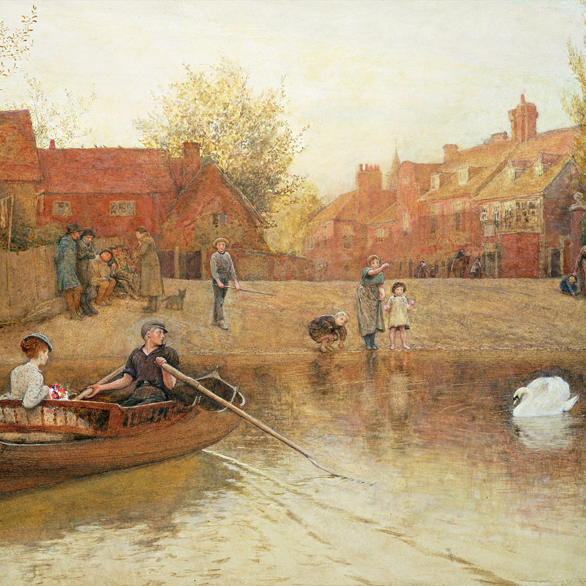 Landscape Oil Painting - Riverside Town, Rowing Boat, Swans, Figures
