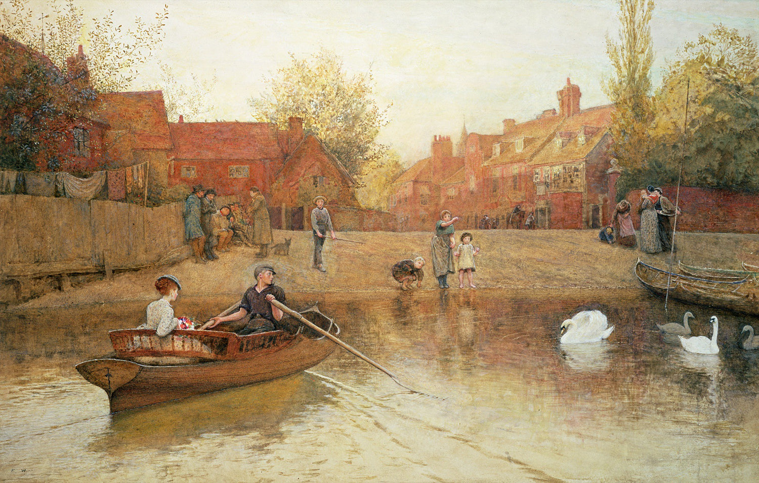 Landscape Oil Painting - Riverside Town, Rowing Boat, Swans, Figures
