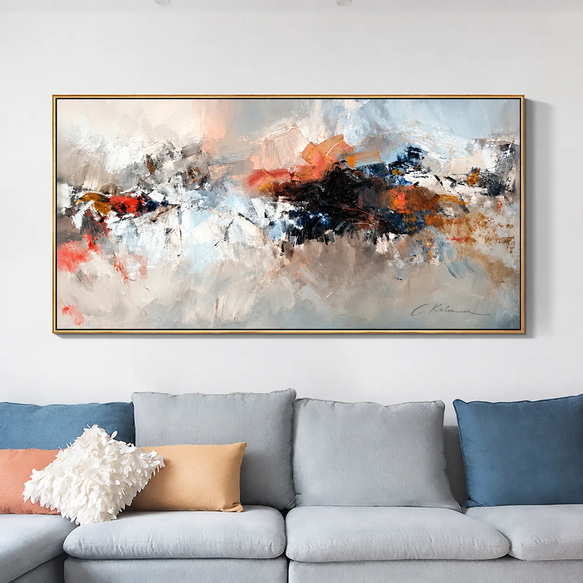 Soft neutral abstract landscape oil painting suitable for a calming interior