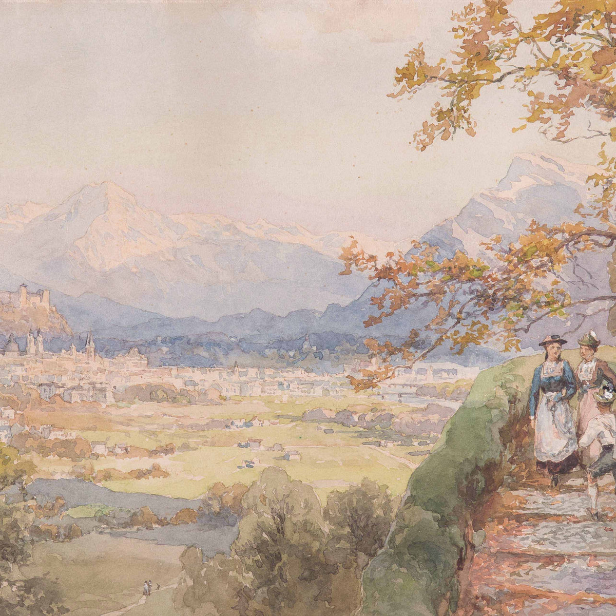 Landscape Oil Painting - Alpine Town View with Mountain Peaks