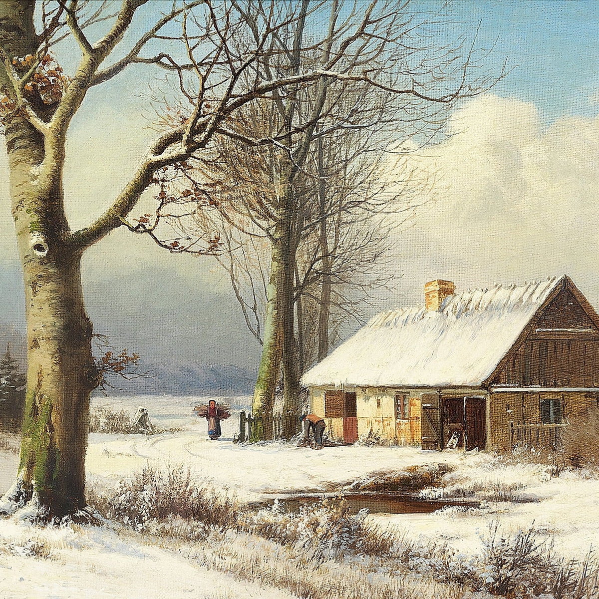Hand-painted snowy cottage and winter country path landscape oil painting on canvas