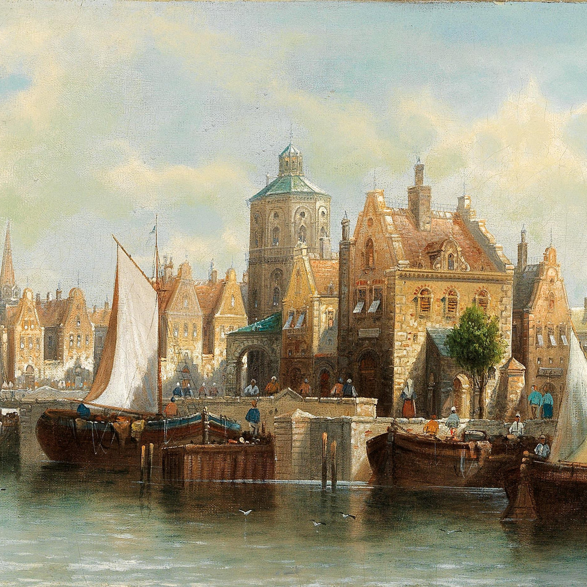 Landscape oil painting of Amsterdam harbor with sailboats, detailed hand painted oil on canvas and textured brushwork. - Boat, Canvas, Hand Painted, Harbor, Landscape, Made To Order, Oil Painting, Seascape