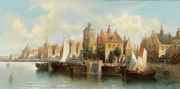 Landscape oil painting of Amsterdam harbor with sailboats, detailed hand painted oil on canvas and textured brushwork. - Boat, Canvas, Hand Painted, Harbor, Landscape, Made To Order, Oil Painting, Seascape