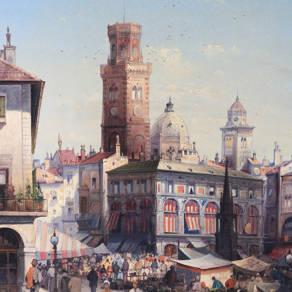 Hand-painted historic city market with bell tower landscape oil painting on canvas