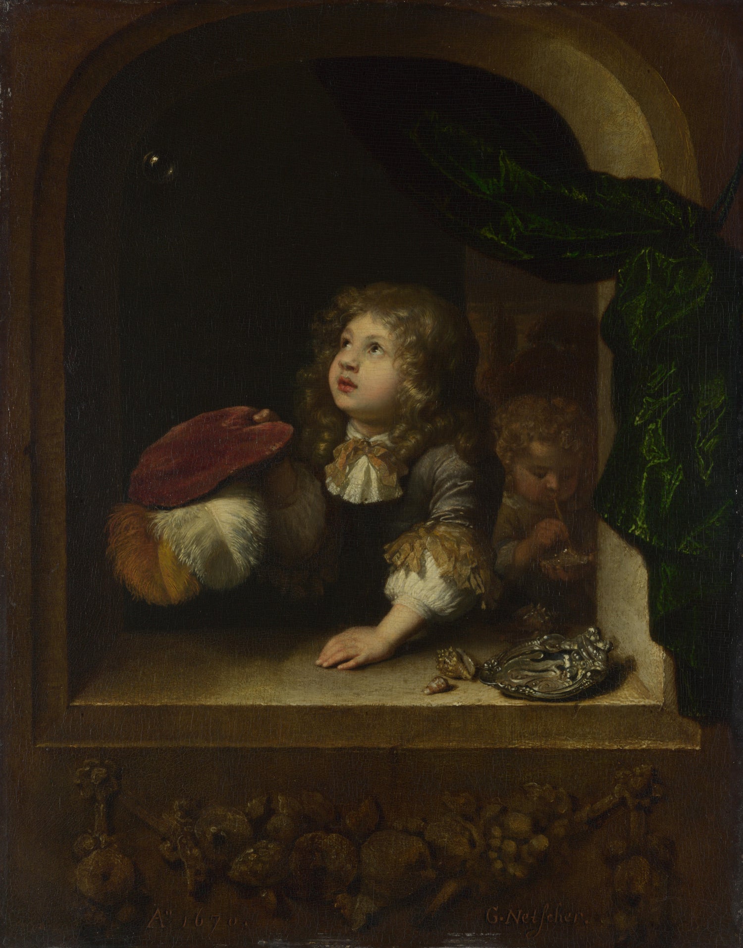 Caspar Netscher - Two Boys blowing Bubbles - Oil Painting Haven