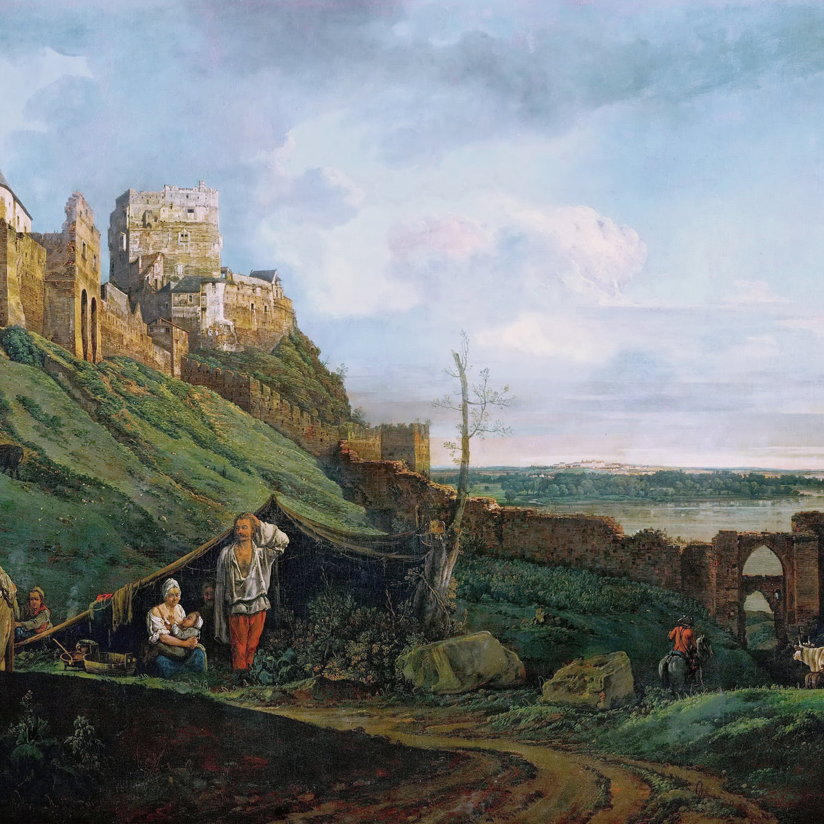 Landschaftsgemälde in Öl – Winterliche Flusslandschaft mit Figuren und Pferden