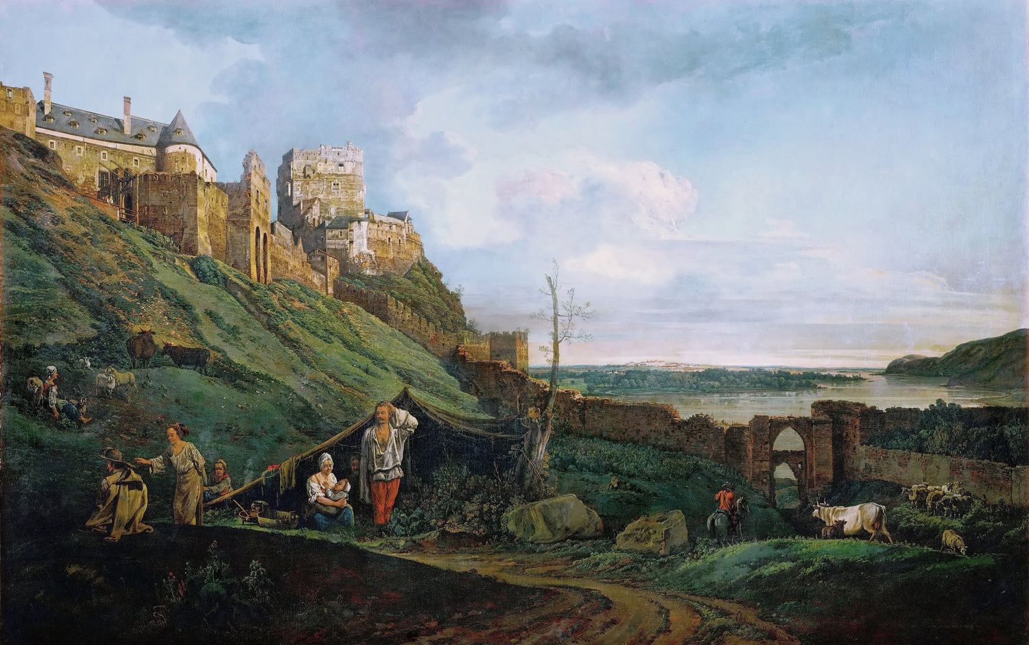 Landschaftsgemälde in Öl – Winterliche Flusslandschaft mit Figuren und Pferden