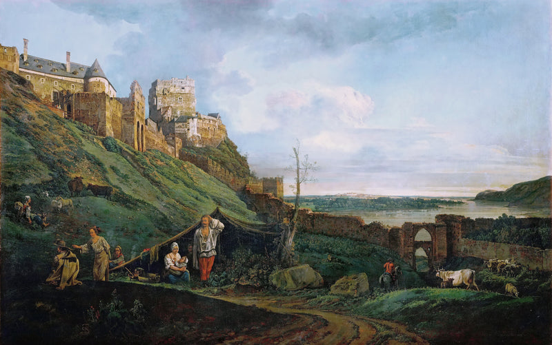 Landschaftsgemälde in Öl – Winterliche Flusslandschaft mit Figuren und Pferden