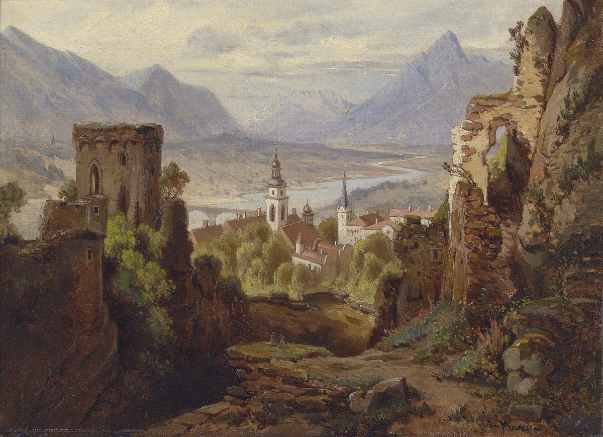 Peinture à l'huile de paysage - Ruines de château surplombant la vallée fluviale