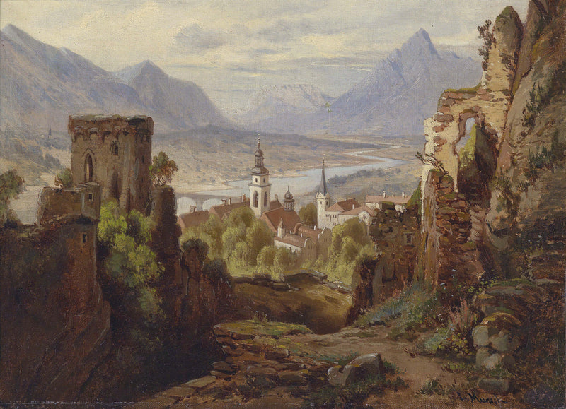 Peinture à l'huile de paysage - Ruines de château surplombant la vallée fluviale